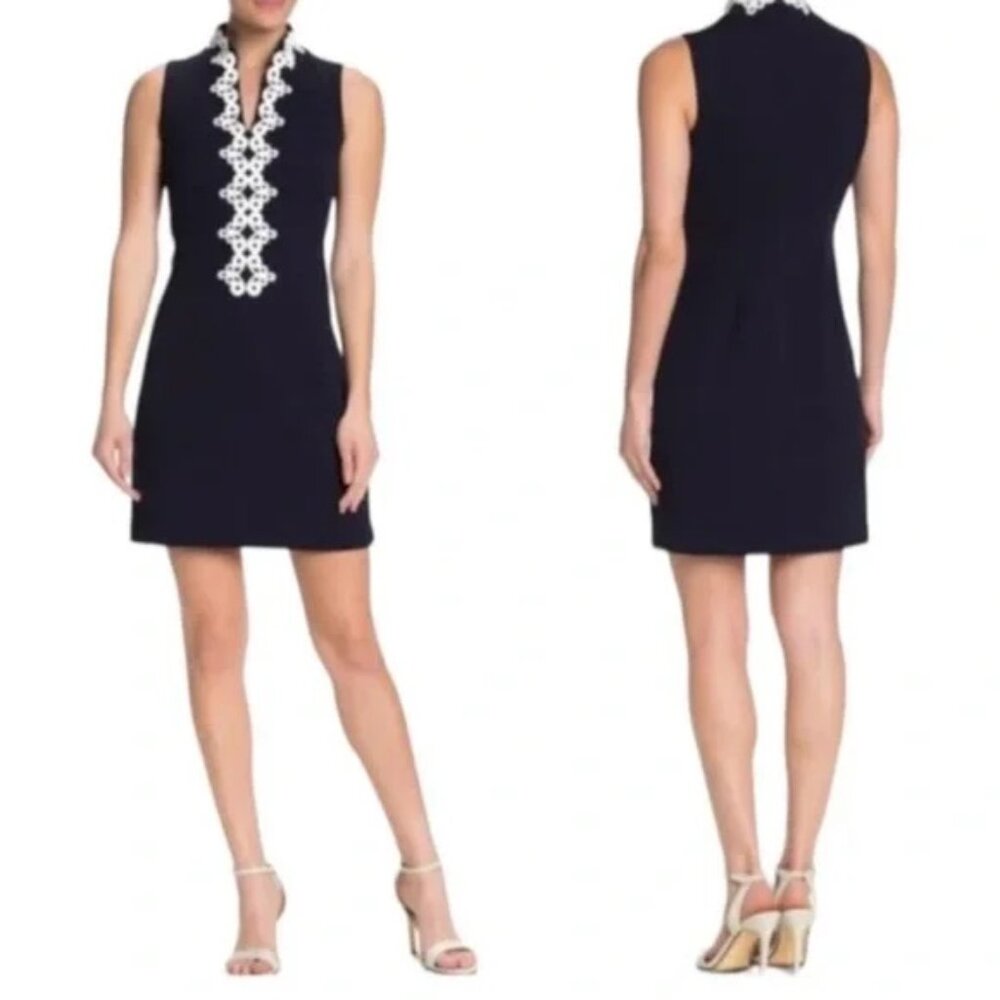 Vince Camuto Navy & White Mandarin Collar Sleeveless Mini Shift Dress Sz 8